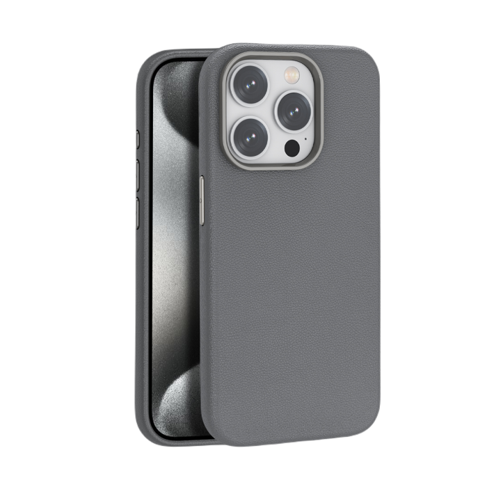 PİİLİ İphone 15 Leather Gri Magsafe Suni Deri Kılıf