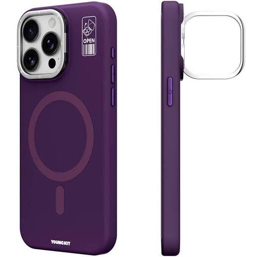 YoungKit iPhone 14 Pro Kılıf Magsafe Şarj Özellikli Kamera Standlı Silikon Youngkit Bitty Cream Kapak Mor siyah