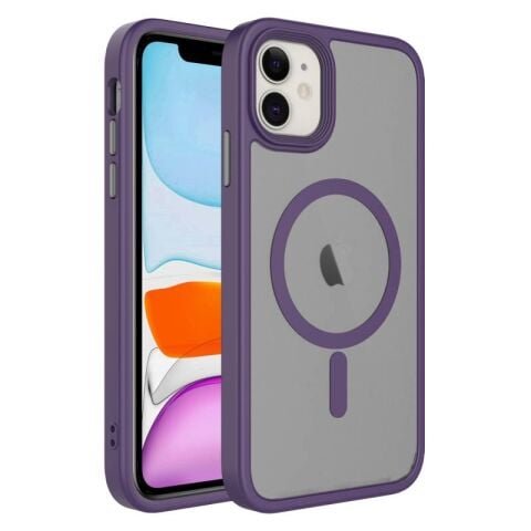 Apple iPhone 12-12 Pro  Kılıf Mat Arka Yüzey Wireless Şarj Özellikli Flet Magsafe Kapak derin mor