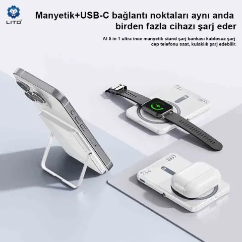 LITO LP03 15W Ultra AI 5’i 1 Arada 5000 Mah Manyetik Power Bank, Ayna SİYAH