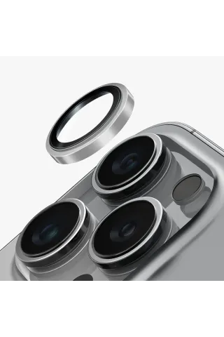 Uniq iPhone 16 Pro Max Optix Çelik Çerçeveli Sapphire Kamera Lens Koruyucu - Gümüş