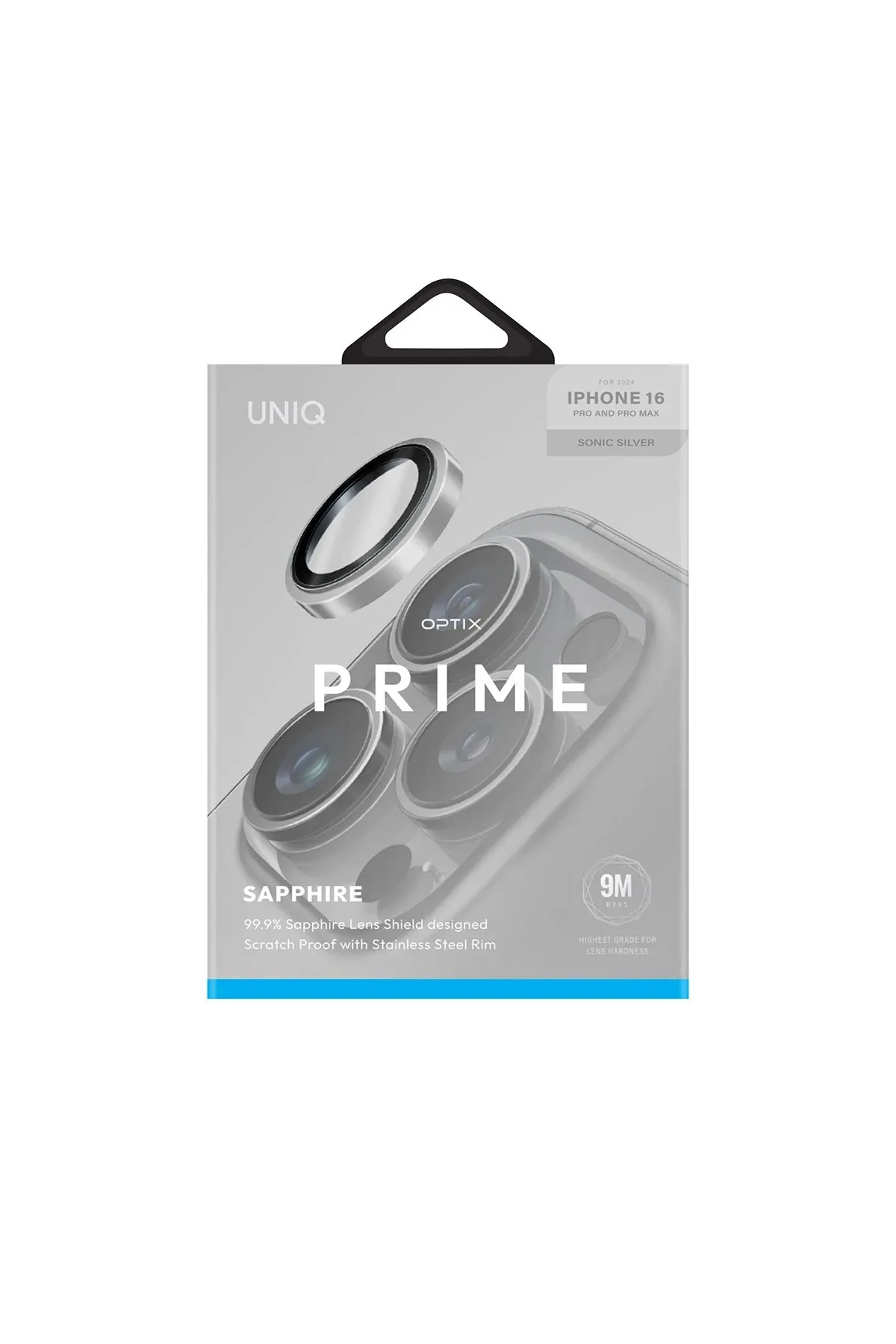 Uniq iPhone 16 Pro Max Optix Çelik Çerçeveli Sapphire Kamera Lens Koruyucu - Gümüş