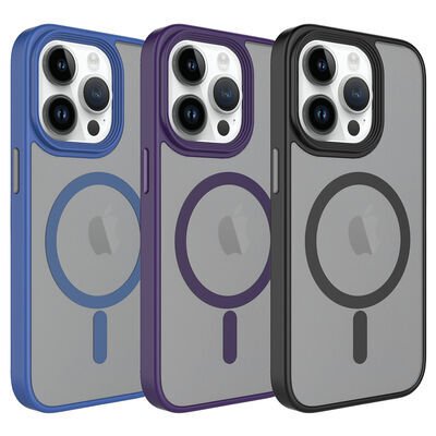 Apple iPhone 14 Pro Kılıf Mat Arka Yüzey Wireless Şarj Özellikli Flet Magsafe Kapak lacivert