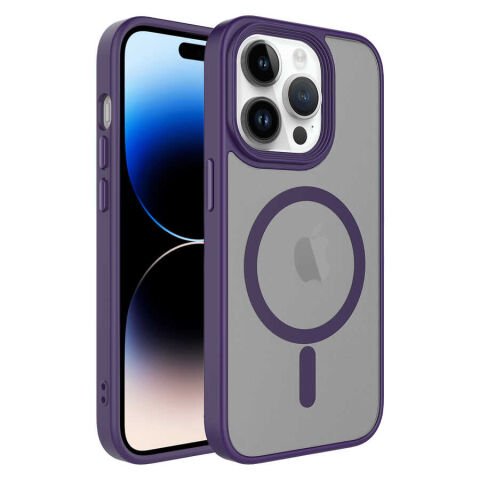 Apple iPhone 14 Pro Max Kılıf Mat Arka Yüzey Wireless Şarj Özellikli  Flet Magsafe Kapak derin mor
