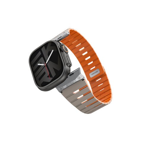Apple Watch 10 46mm Skinarma Gemini Serisi TPU Magnetik Silikon Kordon Turuncu-Siyah