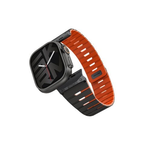 Apple Watch 10 46mm Skinarma Gemini Serisi TPU Magnetik Silikon Kordon Turuncu-Siyah
