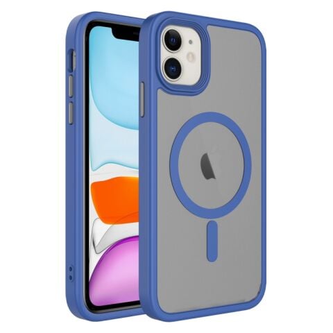 Apple iPhone 14 Plus Kılıf Mat Arka Yüzey Wireless Şarj Özellikli Flet Magsafe Kapak lacivert