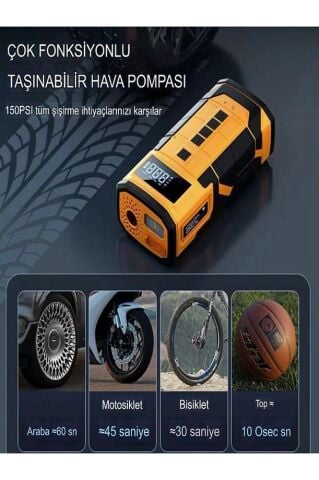 A-5577 8000mAh Akü Takviyeli Şişirme Kompresörü - Led Ekranlı Scooter, Araba ve Bisiklet Pompası