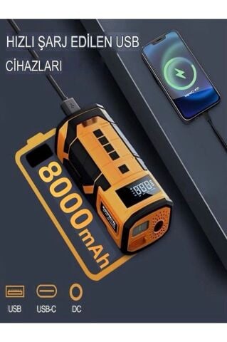 A-5577 8000mAh Akü Takviyeli Şişirme Kompresörü - Led Ekranlı Scooter, Araba ve Bisiklet Pompası