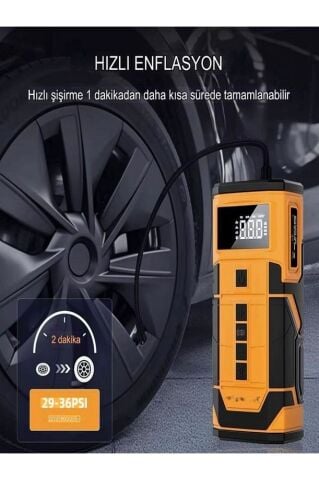 A-5577 8000mAh Akü Takviyeli Şişirme Kompresörü - Led Ekranlı Scooter, Araba ve Bisiklet Pompası