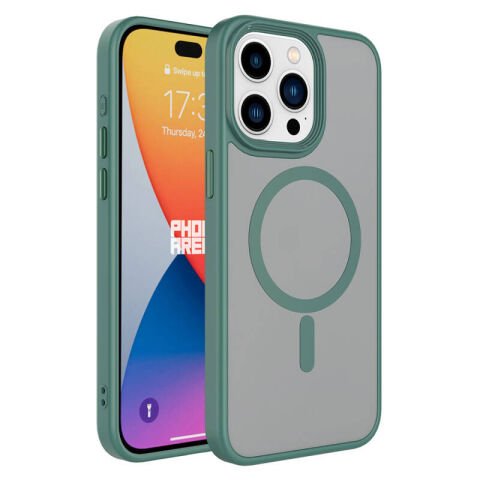 Apple iPhone 15 Pro Kılıf Mat Arka Yüzey Wireless Şarj Özellikli Flet Magsafe Kapak yeşil