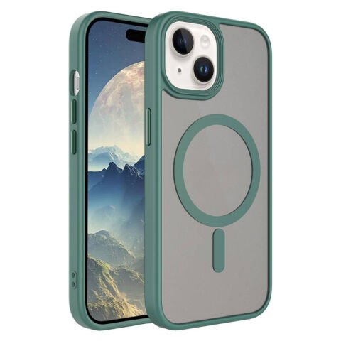 Apple iPhone 15 Pro Max Kılıf Mat Arka Yüzey Wireless Şarj Özellikli  Flet Magsafe Kapak yeşil