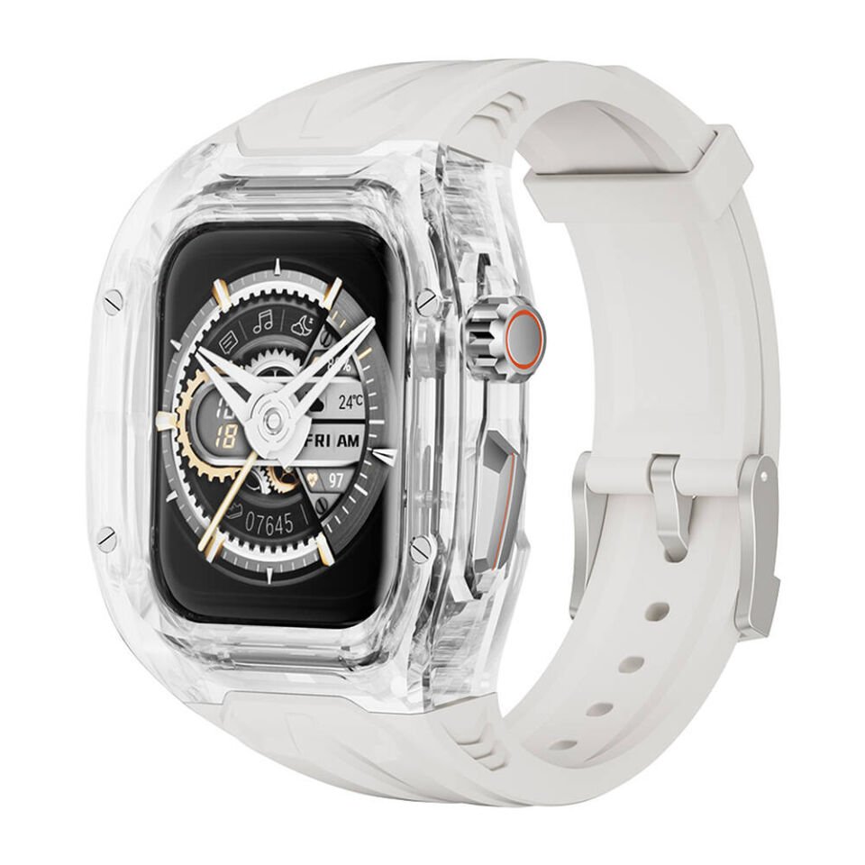 Apple Watch 42 - 44 - 45mm Wiwu Wi-WB013 Rambo Serisi 2in1 Şeffaf PC Kasa Koruyuculu Kauçuk Kordon - Beyaz