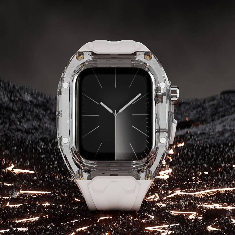 Apple Watch 42 - 44 - 45mm Wiwu Wi-WB013 Rambo Serisi 2in1 Şeffaf PC Kasa Koruyuculu Kauçuk Kordon - Beyaz