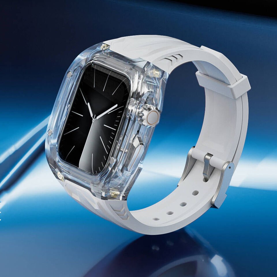 Apple Watch 42 - 44 - 45mm Wiwu Wi-WB013 Rambo Serisi 2in1 Şeffaf PC Kasa Koruyuculu Kauçuk Kordon - Beyaz
