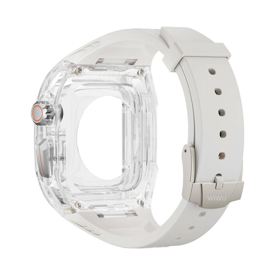 Apple Watch 42 - 44 - 45mm Wiwu Wi-WB013 Rambo Serisi 2in1 Şeffaf PC Kasa Koruyuculu Kauçuk Kordon - Beyaz