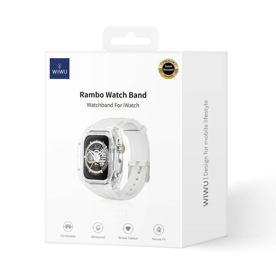 Apple Watch 42 - 44 - 45mm Wiwu Wi-WB013 Rambo Serisi 2in1 Şeffaf PC Kasa Koruyuculu Kauçuk Kordon - Beyaz