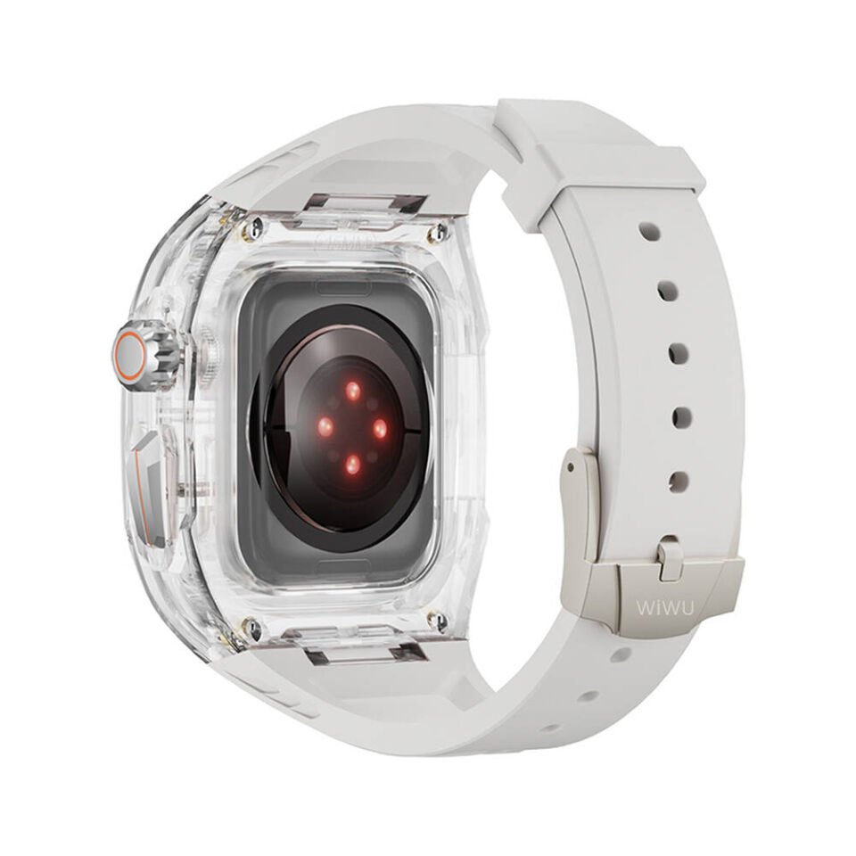 Apple Watch 42 - 44 - 45mm Wiwu Wi-WB013 Rambo Serisi 2in1 Şeffaf PC Kasa Koruyuculu Kauçuk Kordon - Beyaz