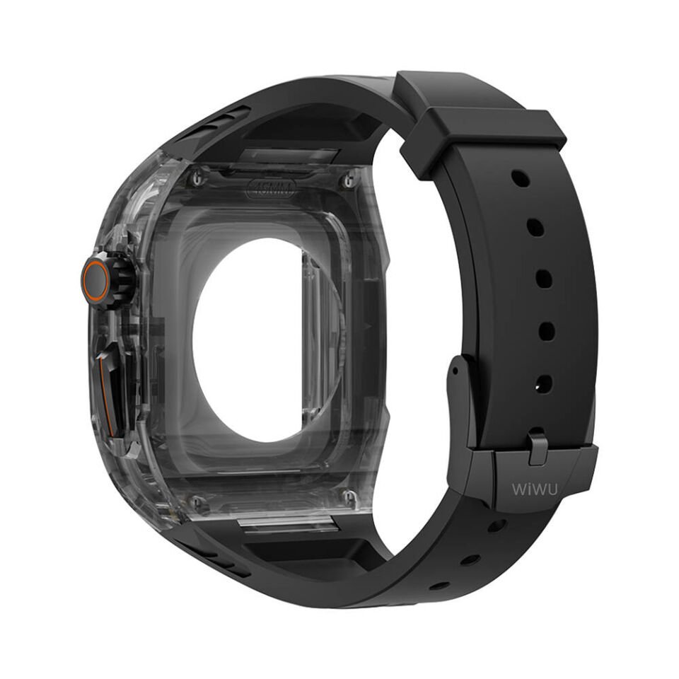 Apple Watch 42 - 44 - 45mm Wiwu Wi-WB013 Rambo Serisi 2in1 Şeffaf PC Kasa Koruyuculu Kauçuk Kordon - Siyah