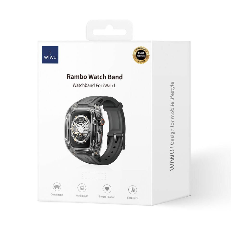 Apple Watch 42 - 44 - 45mm Wiwu Wi-WB013 Rambo Serisi 2in1 Şeffaf PC Kasa Koruyuculu Kauçuk Kordon - Siyah