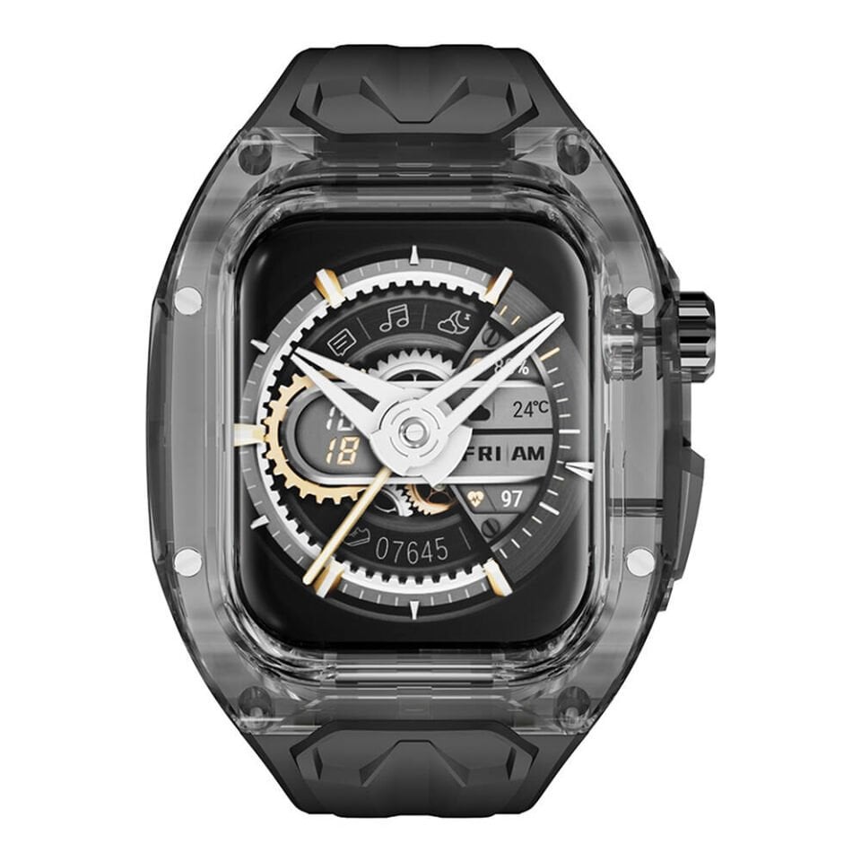 Apple Watch 42 - 44 - 45mm Wiwu Wi-WB013 Rambo Serisi 2in1 Şeffaf PC Kasa Koruyuculu Kauçuk Kordon - Siyah