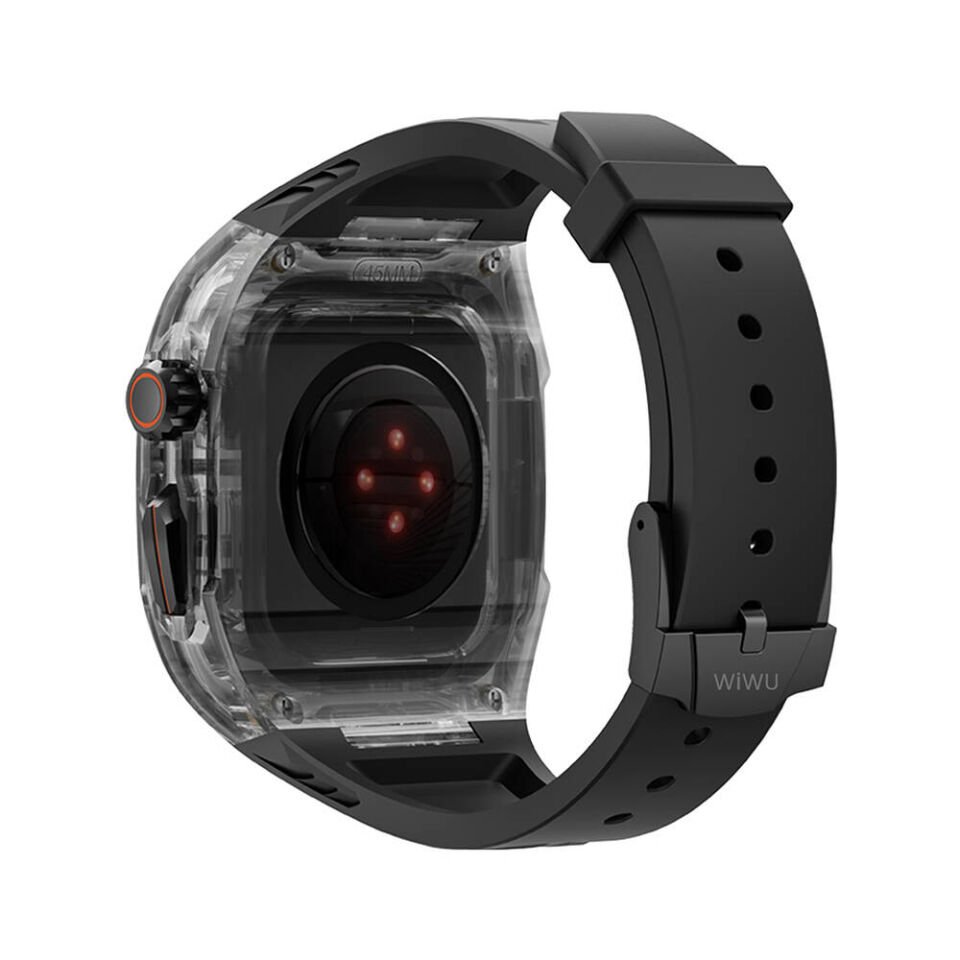 Apple Watch 42 - 44 - 45mm Wiwu Wi-WB013 Rambo Serisi 2in1 Şeffaf PC Kasa Koruyuculu Kauçuk Kordon - Siyah