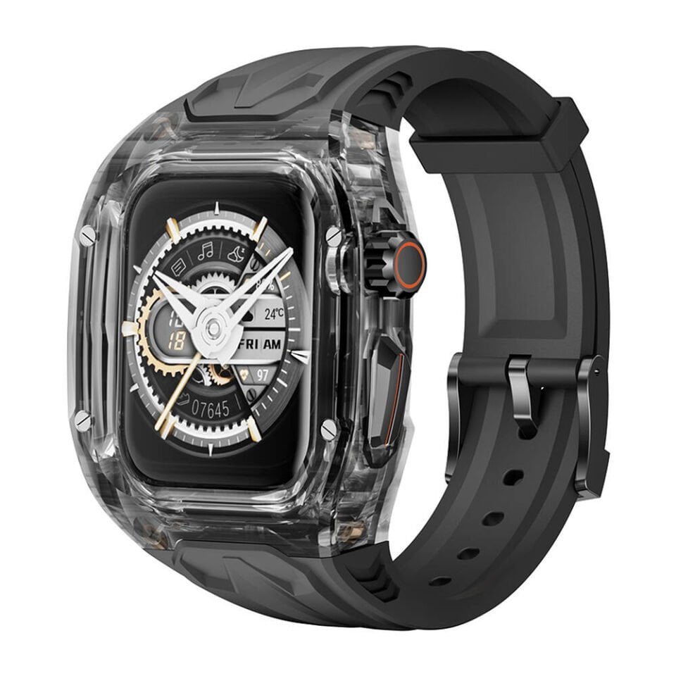 Apple Watch 42 - 44 - 45mm Wiwu Wi-WB013 Rambo Serisi 2in1 Şeffaf PC Kasa Koruyuculu Kauçuk Kordon - Siyah