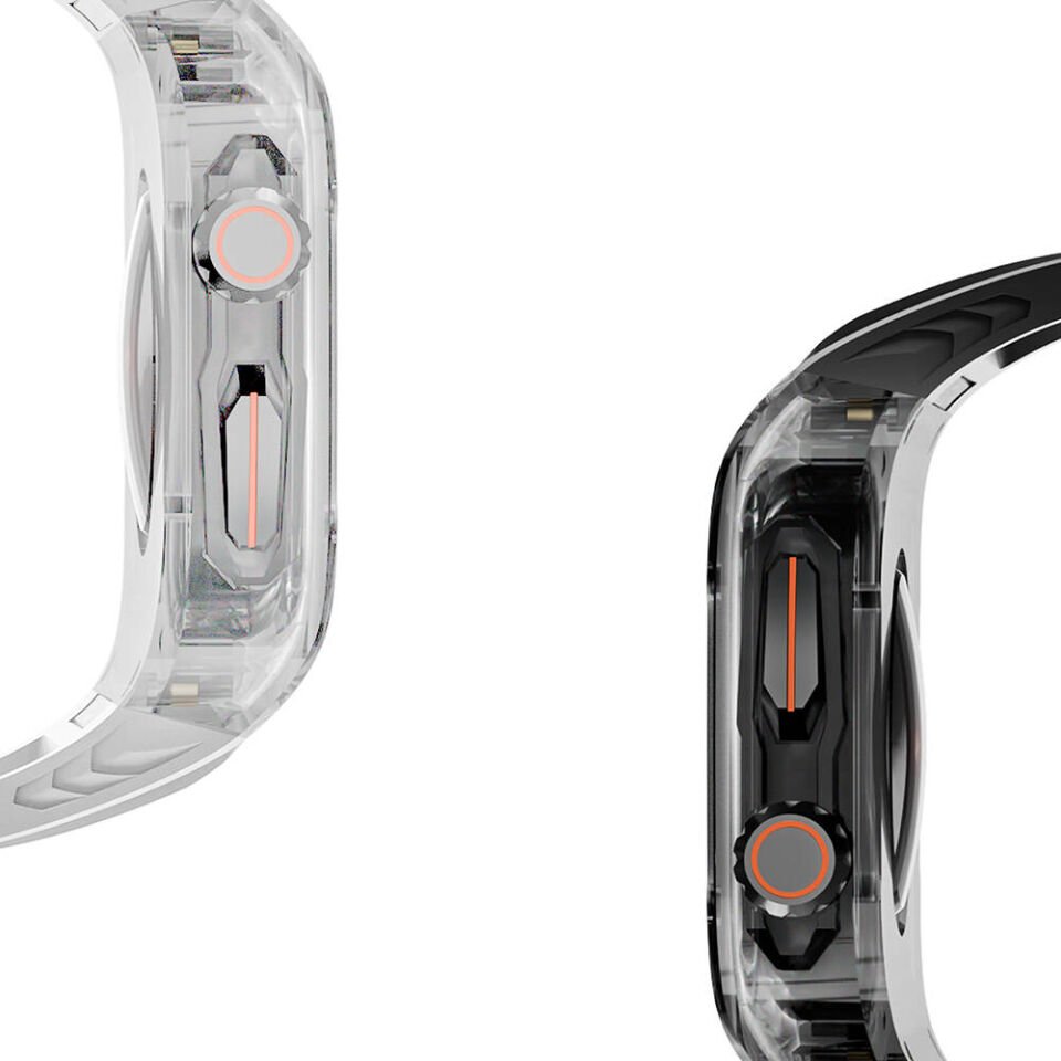 Apple Watch 42 - 44 - 45mm Wiwu Wi-WB013 Rambo Serisi 2in1 Şeffaf PC Kasa Koruyuculu Kauçuk Kordon - Siyah