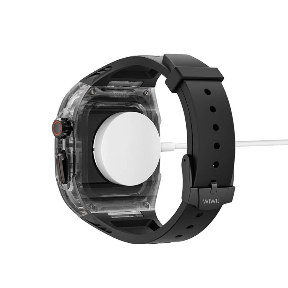 Apple Watch 42 - 44 - 45mm Wiwu Wi-WB013 Rambo Serisi 2in1 Şeffaf PC Kasa Koruyuculu Kauçuk Kordon - Siyah