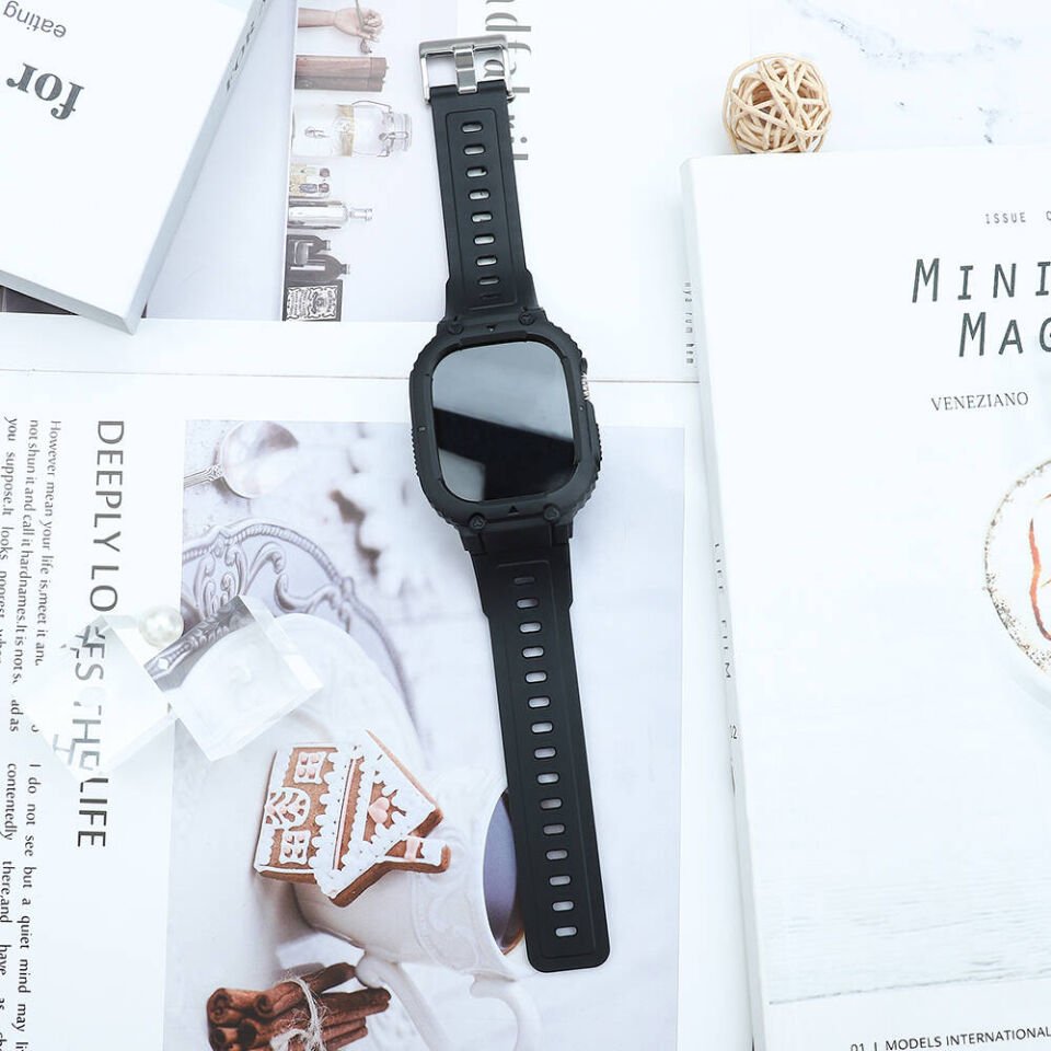 Apple Watch 42 - 44 - 45mm Wiwu Wi-WB014 Armor Serisi 2in1 Sert PC Kasa Koruyuculu Silikon Kordon - Siyah