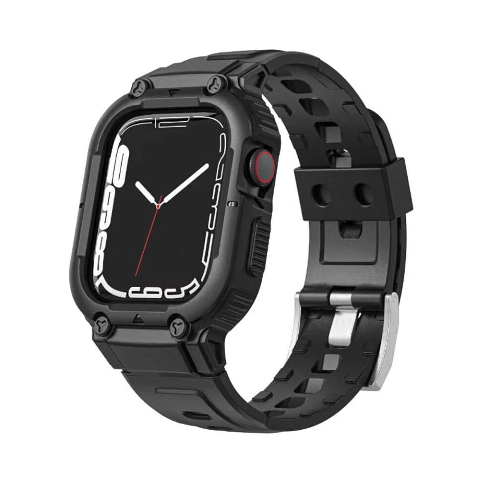 Apple Watch 42 - 44 - 45mm Wiwu Wi-WB014 Armor Serisi 2in1 Sert PC Kasa Koruyuculu Silikon Kordon - Siyah