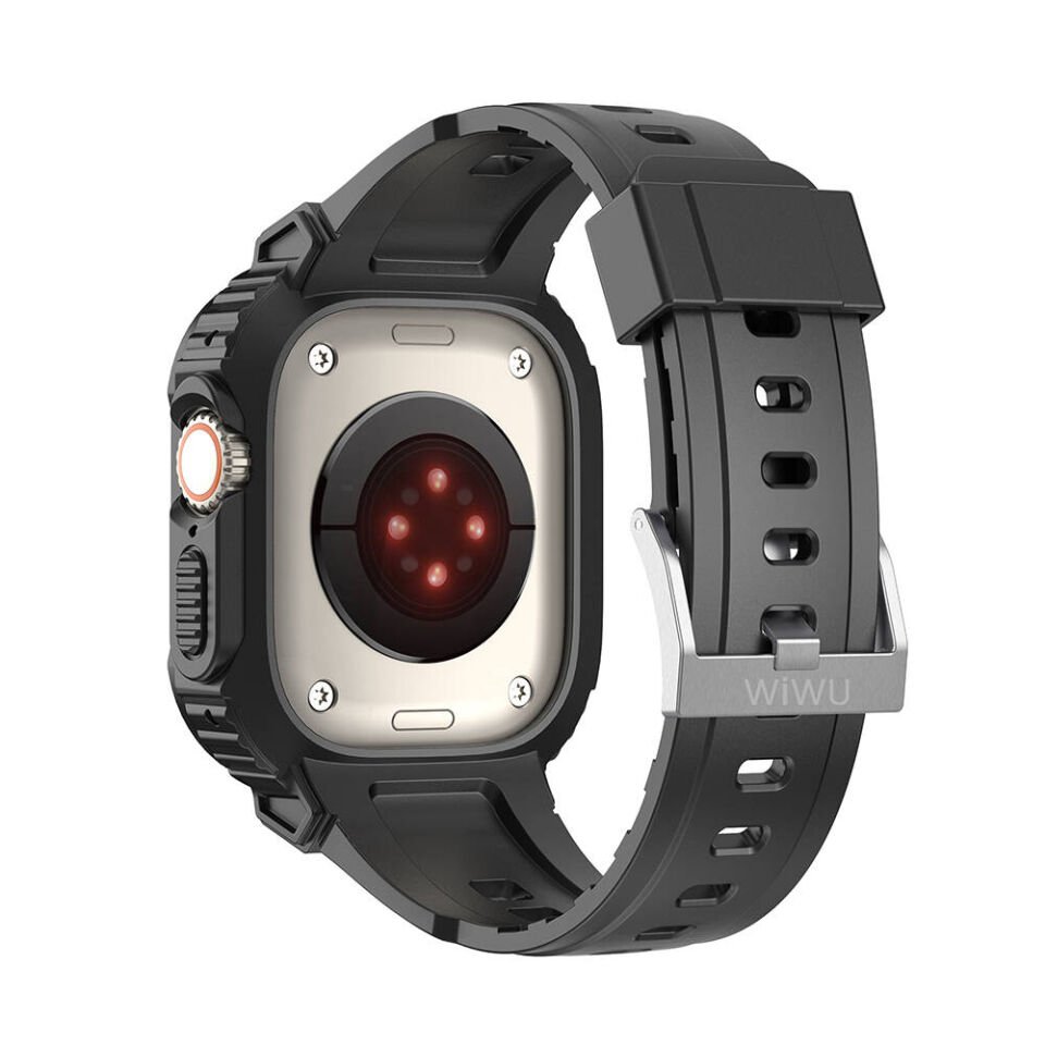 Apple Watch 42 - 44 - 45mm Wiwu Wi-WB014 Armor Serisi 2in1 Sert PC Kasa Koruyuculu Silikon Kordon - Siyah