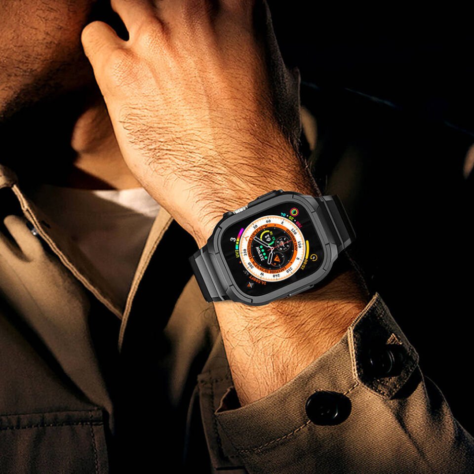 Apple Watch 42 - 44 - 45mm Wiwu Wi-WB014 Armor Serisi 2in1 Sert PC Kasa Koruyuculu Silikon Kordon - Siyah