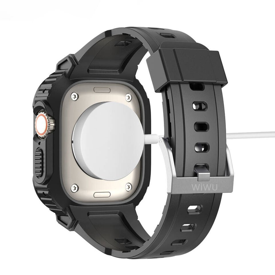 Apple Watch 42 - 44 - 45mm Wiwu Wi-WB014 Armor Serisi 2in1 Sert PC Kasa Koruyuculu Silikon Kordon - Siyah