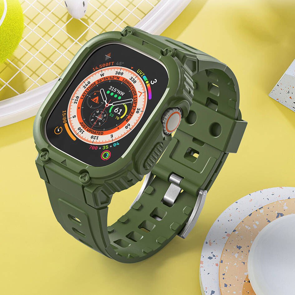 Apple Watch 42 - 44 - 45mm Wiwu Wi-WB014 Armor Serisi 2in1 Sert PC Kasa Koruyuculu Silikon Kordon - Yeşil