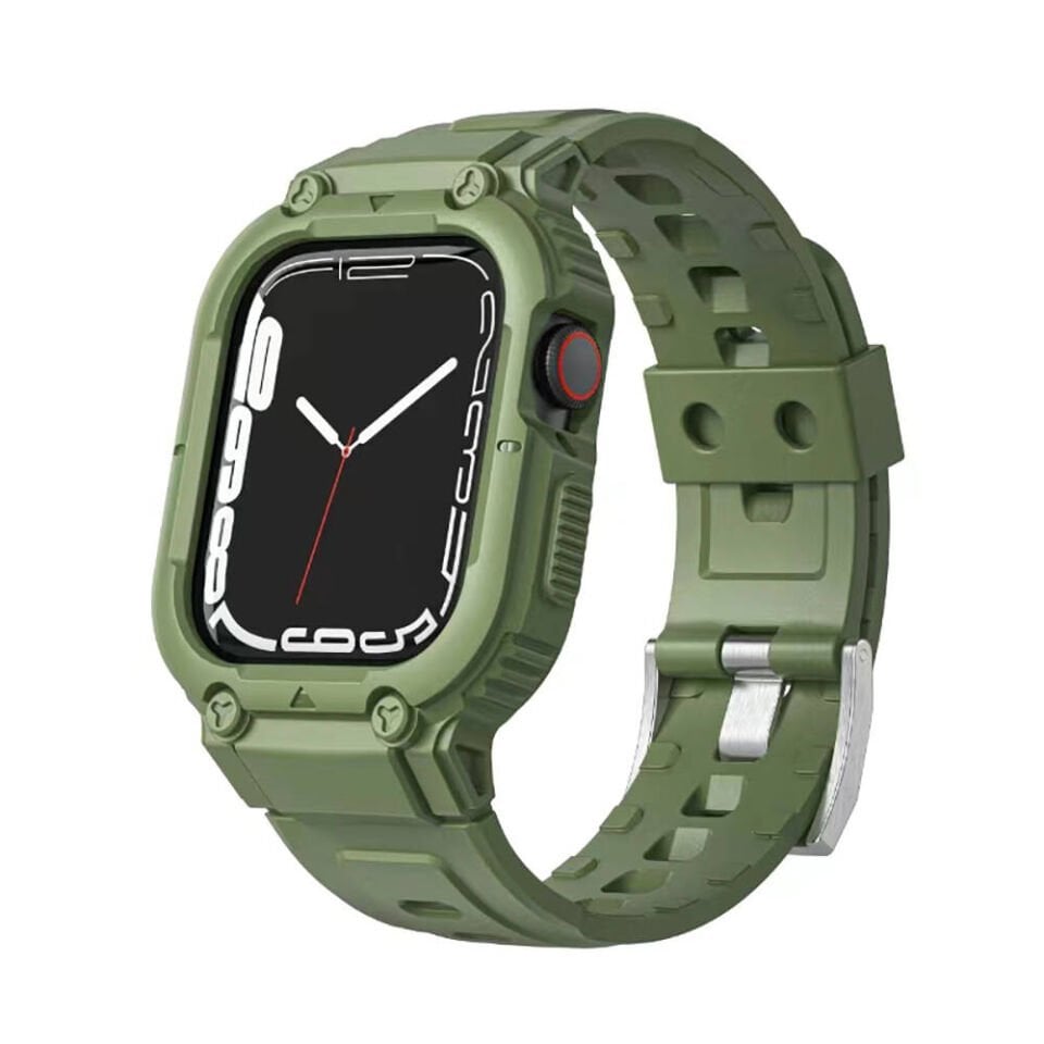 Apple Watch 42 - 44 - 45mm Wiwu Wi-WB014 Armor Serisi 2in1 Sert PC Kasa Koruyuculu Silikon Kordon - Yeşil