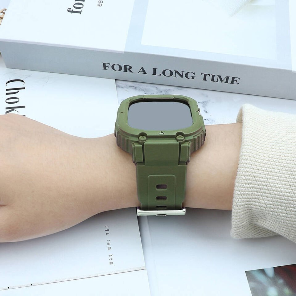 Apple Watch 42 - 44 - 45mm Wiwu Wi-WB014 Armor Serisi 2in1 Sert PC Kasa Koruyuculu Silikon Kordon - Yeşil