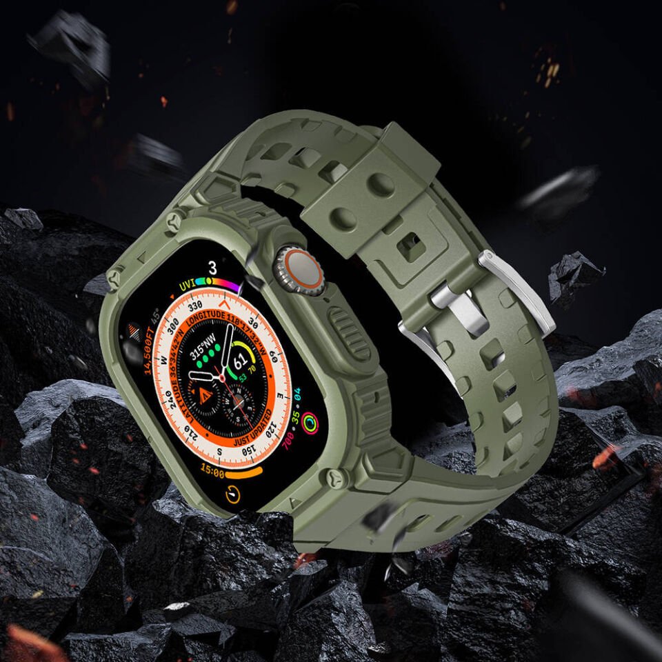 Apple Watch 42 - 44 - 45mm Wiwu Wi-WB014 Armor Serisi 2in1 Sert PC Kasa Koruyuculu Silikon Kordon - Yeşil