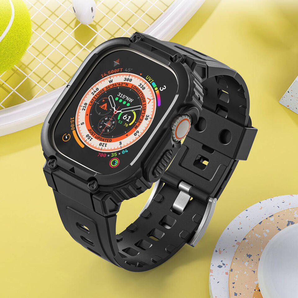 Apple Watch Ultra 49mm Wiwu Wi-WB014 Armor Serisi 2in1 Sert PC Kasa Koruyuculu Silikon Kordon - Siyah
