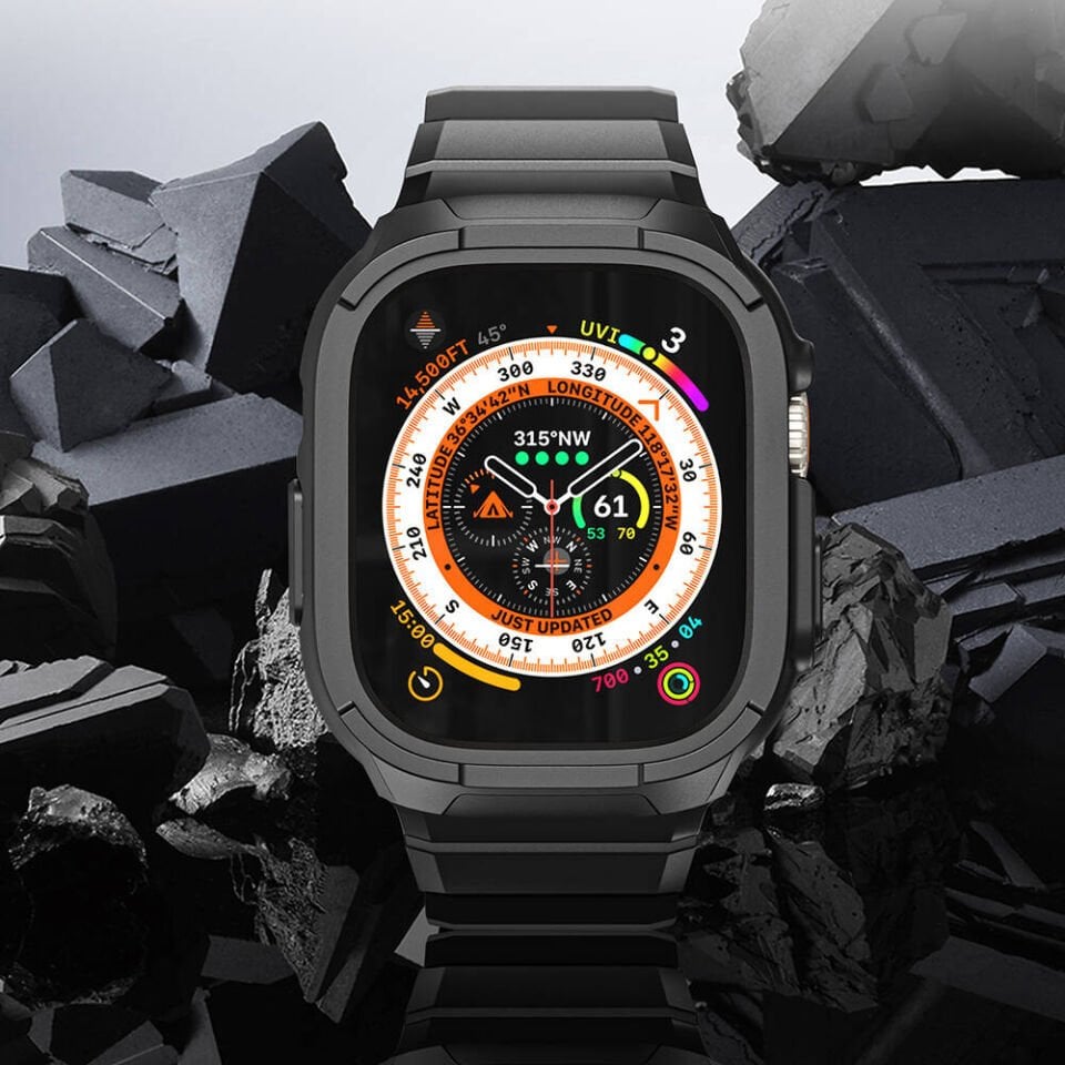 Apple Watch Ultra 49mm Wiwu Wi-WB014 Armor Serisi 2in1 Sert PC Kasa Koruyuculu Silikon Kordon - Siyah