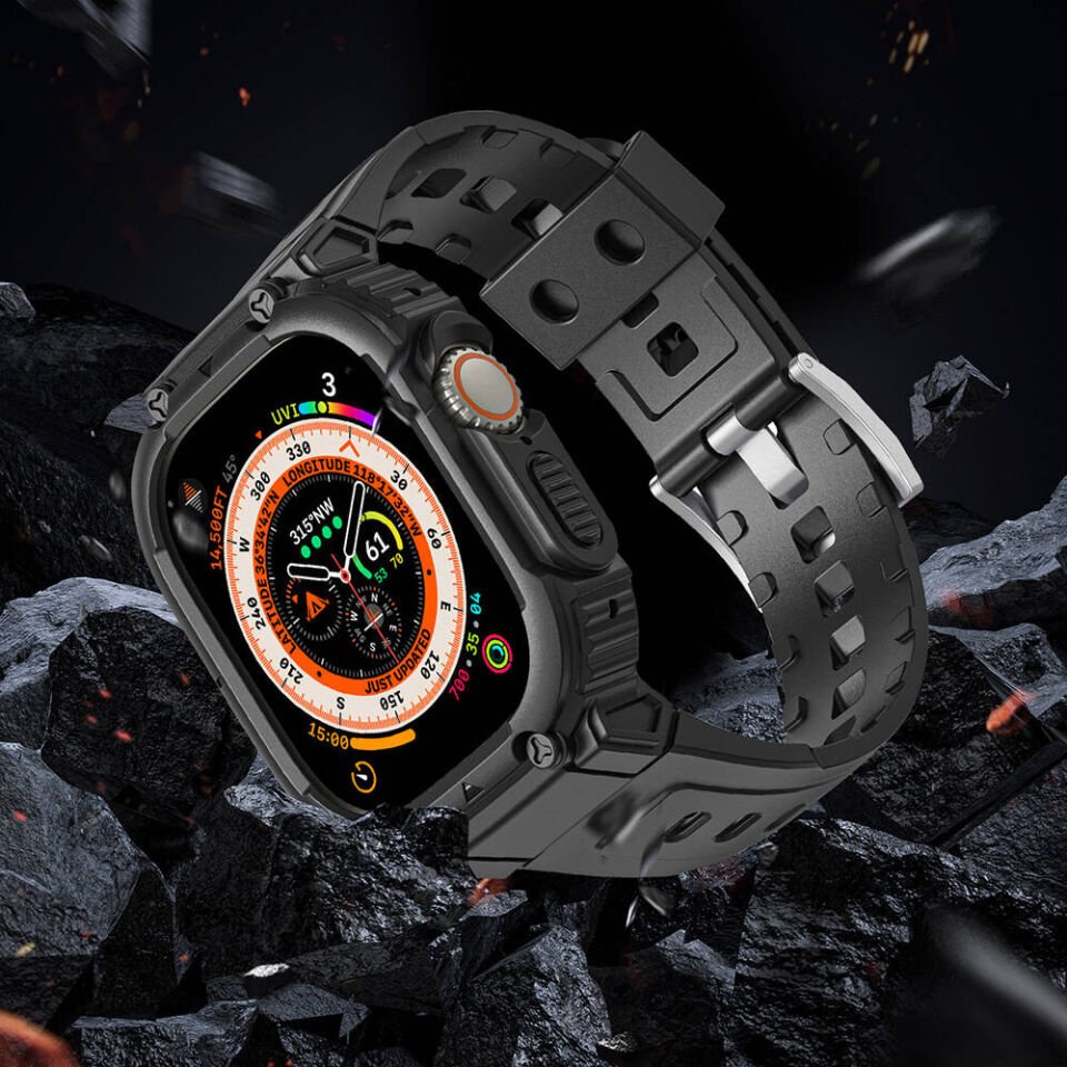 Apple Watch Ultra 49mm Wiwu Wi-WB014 Armor Serisi 2in1 Sert PC Kasa Koruyuculu Silikon Kordon - Siyah