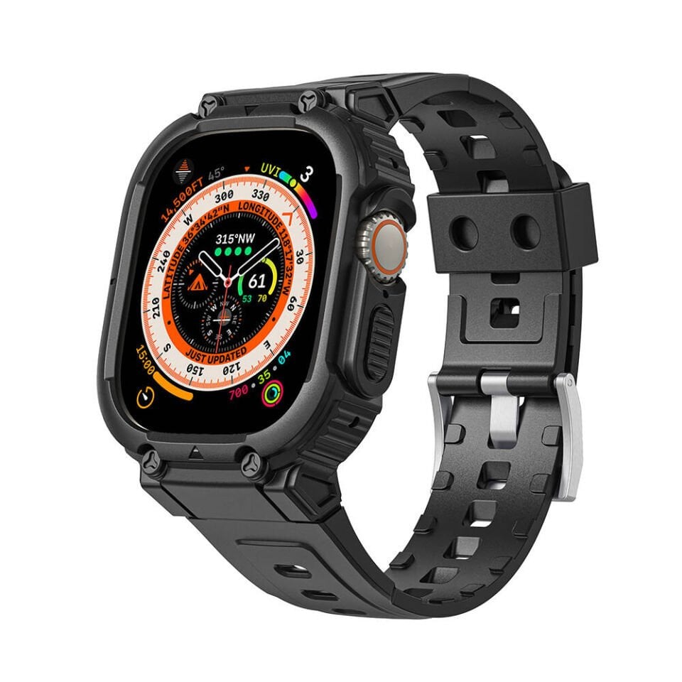 Apple Watch Ultra 49mm Wiwu Wi-WB014 Armor Serisi 2in1 Sert PC Kasa Koruyuculu Silikon Kordon - Siyah
