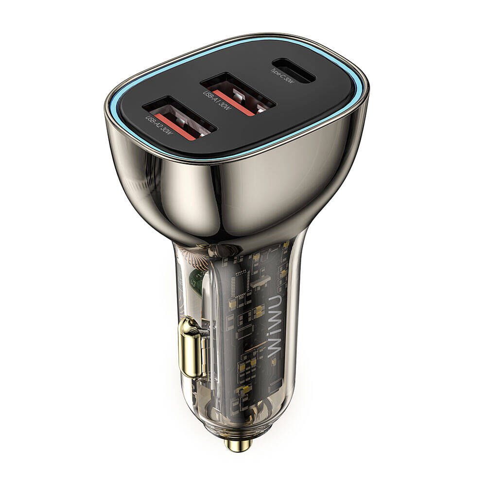 Wiwu Araç Şarj Aleti 90W Wiwu Wi-QC013 Geek Serisi Type-C + Dual USB-A Hızlı Şarj Özellikli Transparan