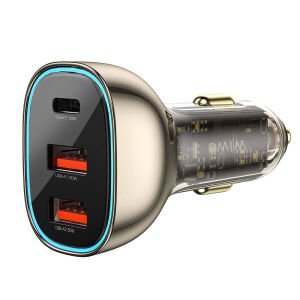 Wiwu Araç Şarj Aleti 90W Wiwu Wi-QC013 Geek Serisi Type-C + Dual USB-A Hızlı Şarj Özellikli Transparan