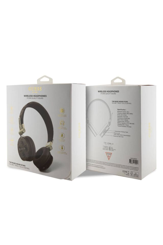 Guess Kulak Üstü Bluetooth 5.3 Kulaklık 4G Desenli Metal Logolu Kahverengi