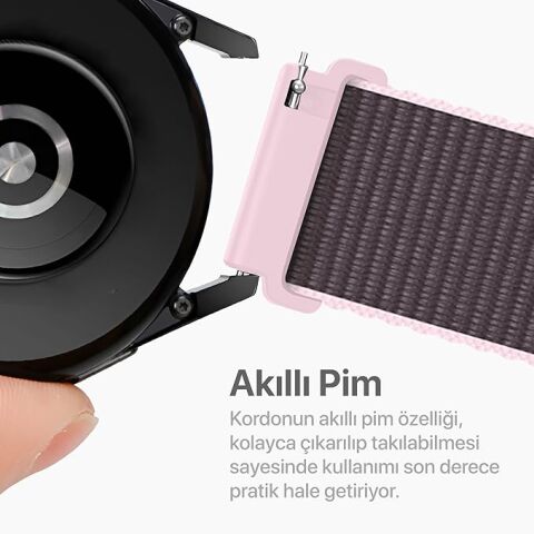 Huawei Ve Samsung Uyumlu 22 Mm Cırt Cırtlı Kumaş Kordon Kum Pembe