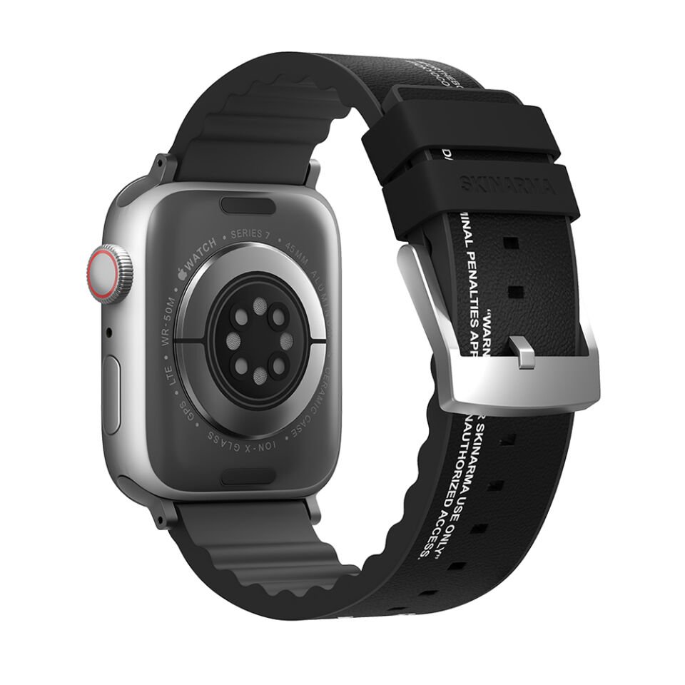 Apple Watch SkinArma Taihi Sora Yazı Desenli Deri Görünümlü Silikon Kordon Siyah