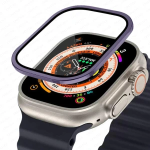Apple Watch Ultra 49 mm uyumlu Metal Derin Mor  Çerçeveli Ekran Koruyucu Premium Temperli Cam Üstün Koruma